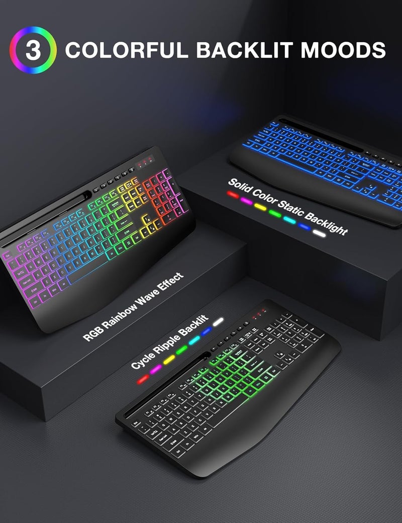 SABLUTE Wireless Keyboard with 9 Effects Backlits, Wrist Rest, Phone Holder, Rechargeable Ergonomic Computer Keyboard with Silent Keys, 2.4G Lag-Free Cordless Set for PC, Laptop, Windows, Mac (Keyboard Only) - Image 3